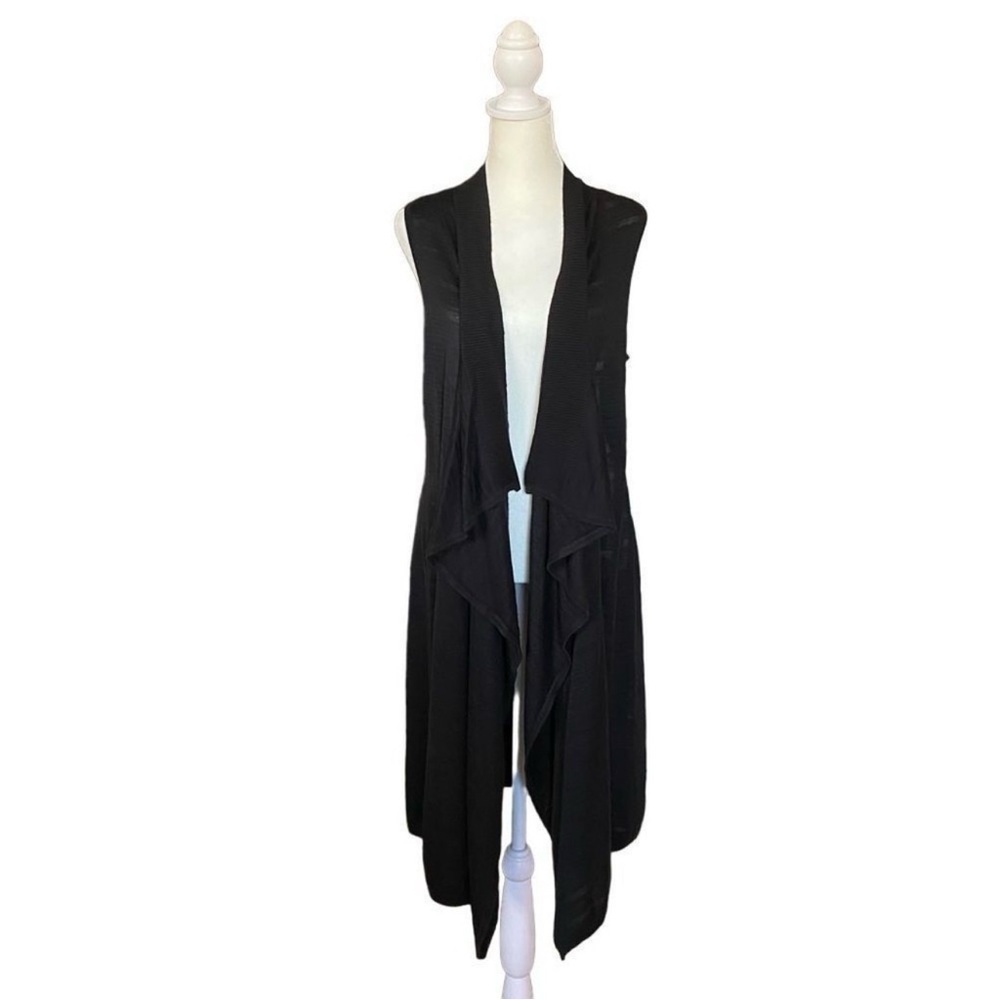 New York & Company Open Front Waterfall Sleeveless Sweater Cardigan Black Medium